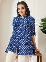 Thumbnail for Janasya Navy Blue A-Line Cotton Top - Dista