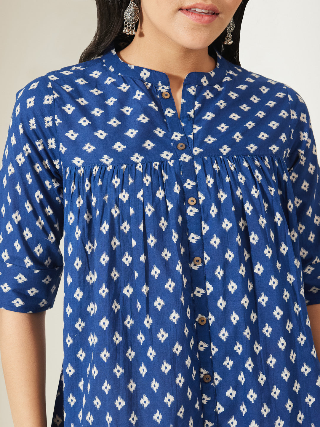 Janasya Navy Blue A-Line Cotton Top - Dista