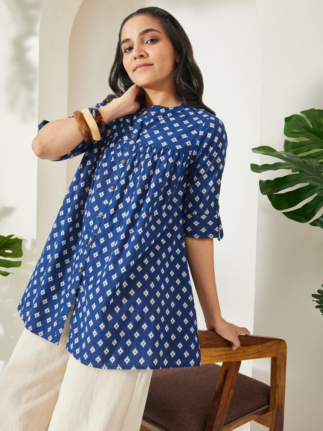 Janasya Navy Blue A-Line Cotton Top - Dista