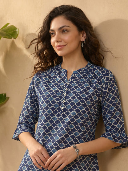 Janasya Blue A-Line Cotton Top - Dista
