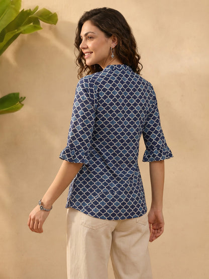 Janasya Blue A-Line Cotton Top - Dista