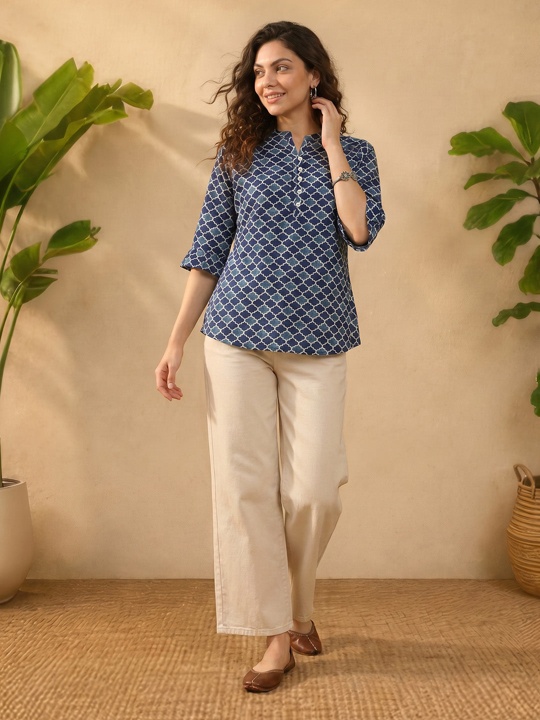 Janasya Blue A-Line Cotton Top - Dista