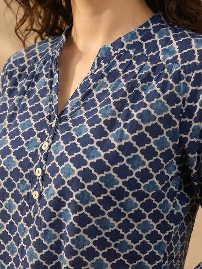 Janasya Blue A-Line Cotton Top - Dista