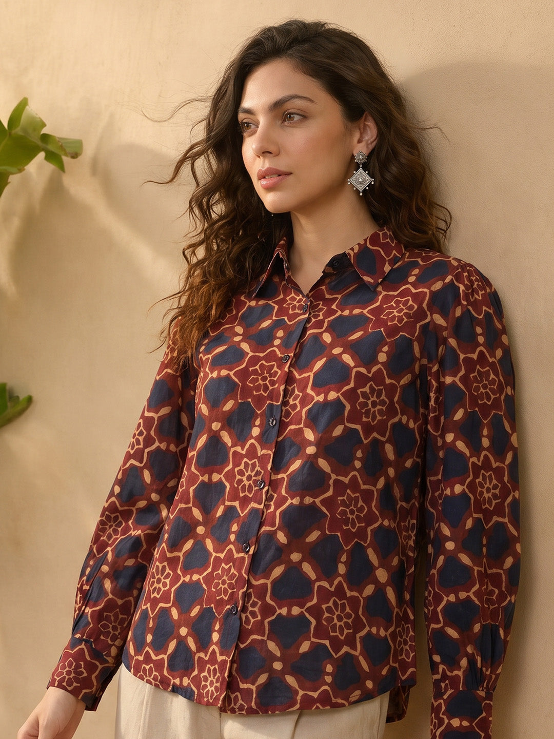 Janasya Brown Shirt Silk Blend Top - Dista