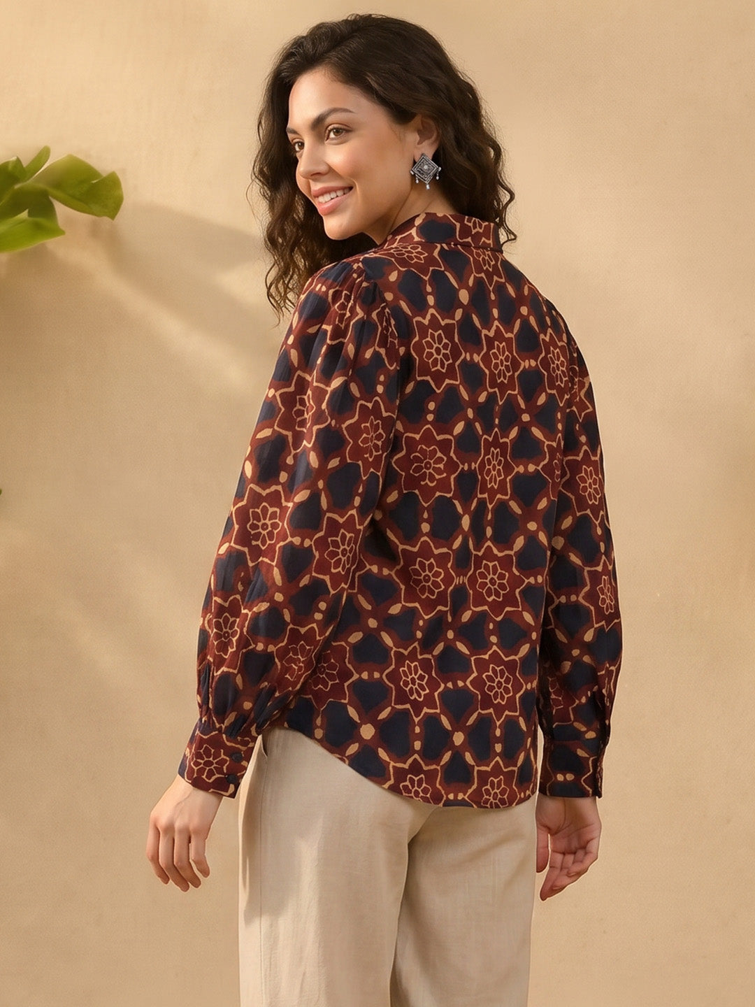 Janasya Brown Shirt Silk Blend Top - Dista