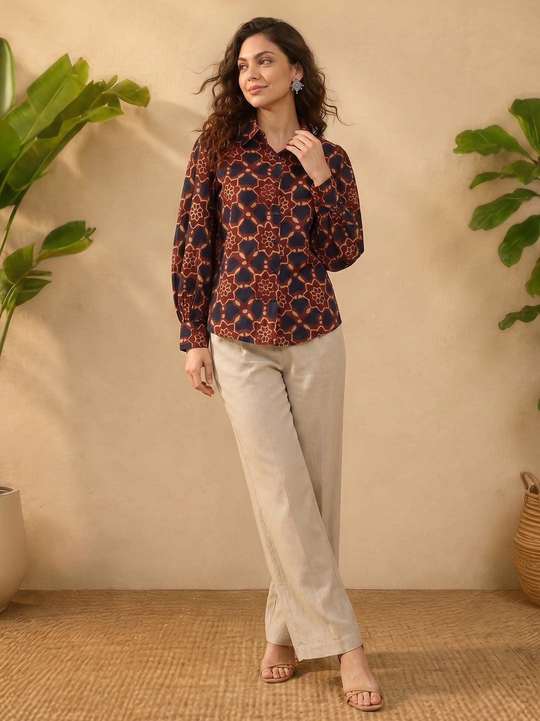 Janasya Brown Shirt Silk Blend Top - Dista