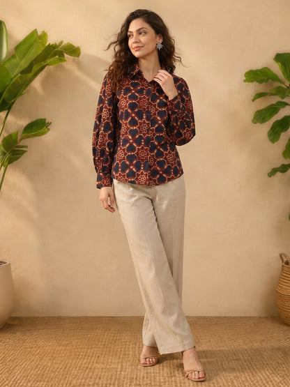Janasya Brown Shirt Silk Blend Top - Dista