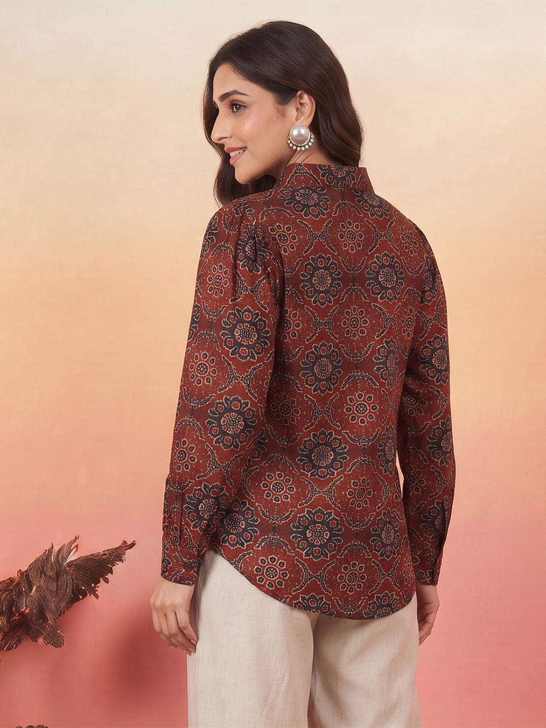 Janasya Maroon Shirt Silk Blend Top - Dista