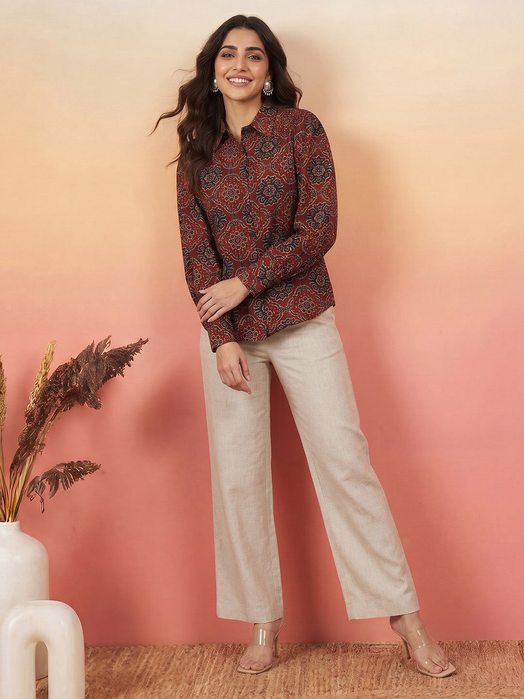 Janasya Maroon Shirt Silk Blend Top - Dista
