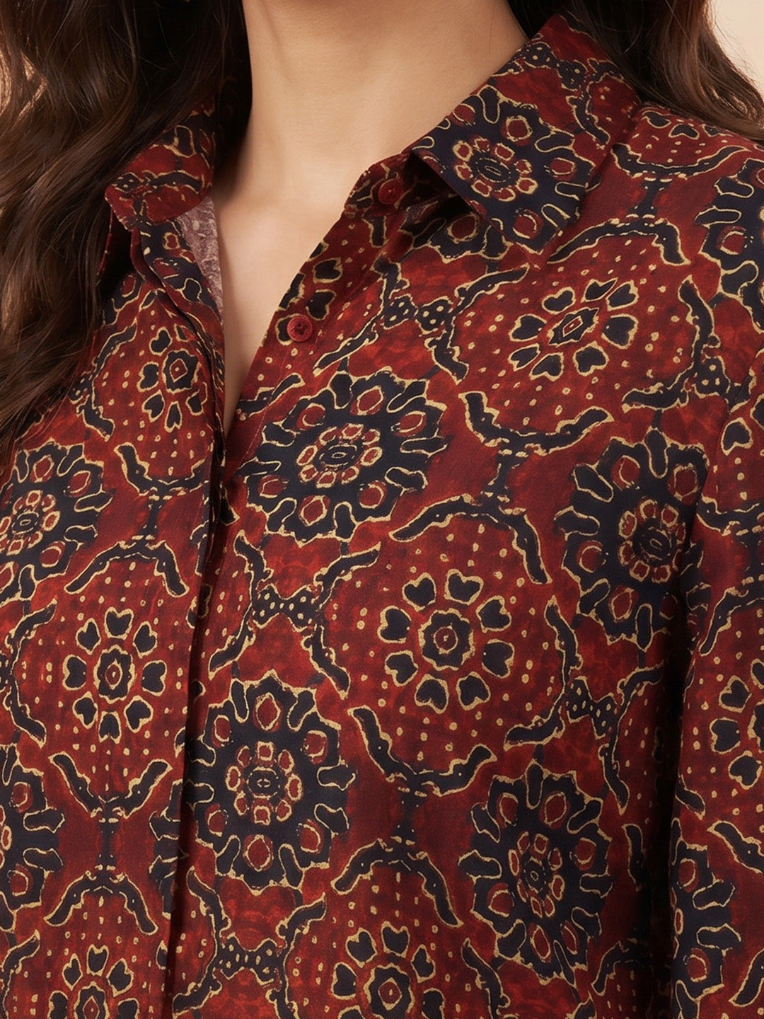 Janasya Maroon Shirt Silk Blend Top - Dista