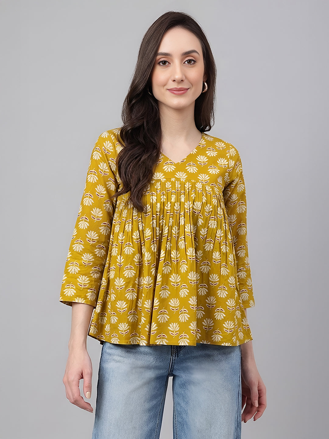 Janasya Mustard Gathered Cotton Top - Dista