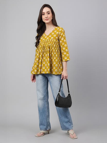 Janasya Mustard Gathered Cotton Top - Dista