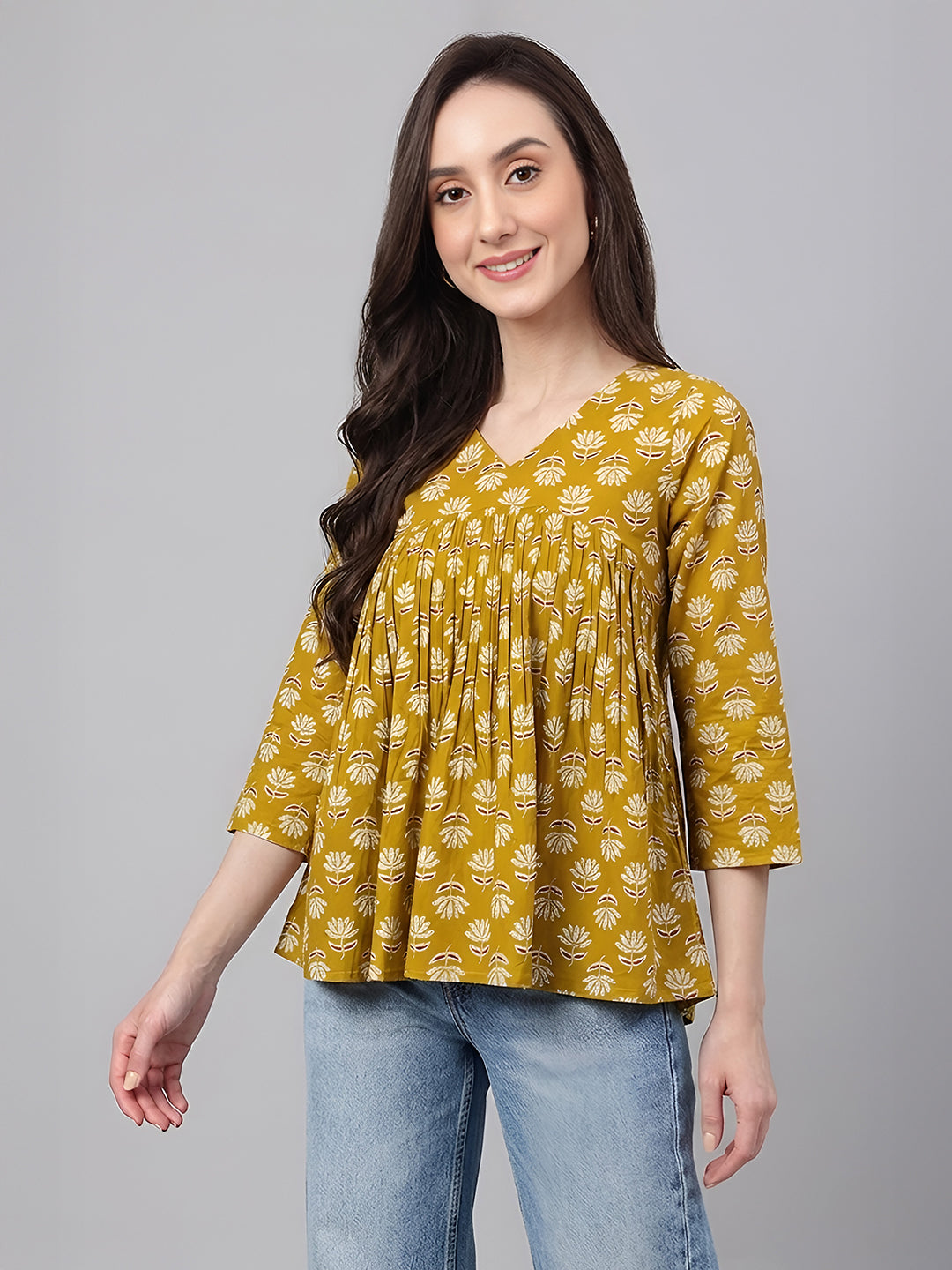 Janasya Mustard Gathered Cotton Top - Dista