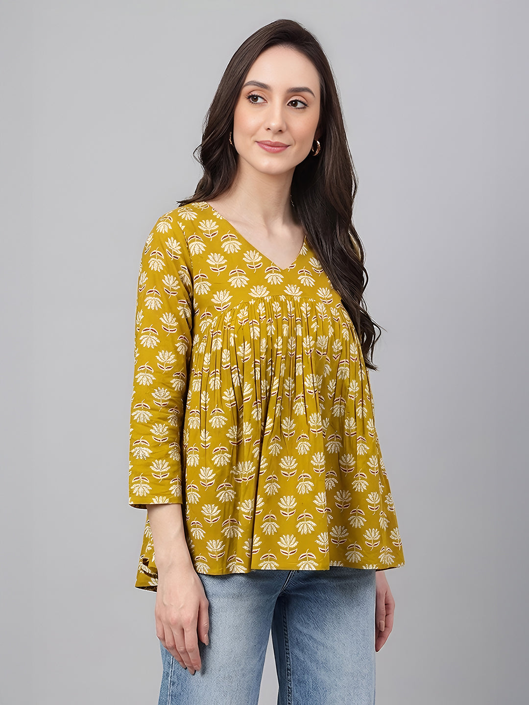 Janasya Mustard Gathered Cotton Top - Dista