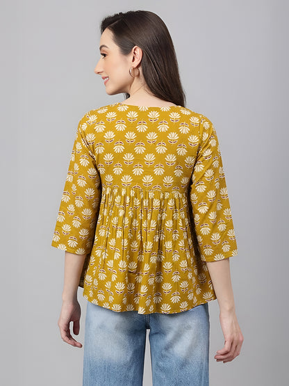 Janasya Mustard Gathered Cotton Top - Dista