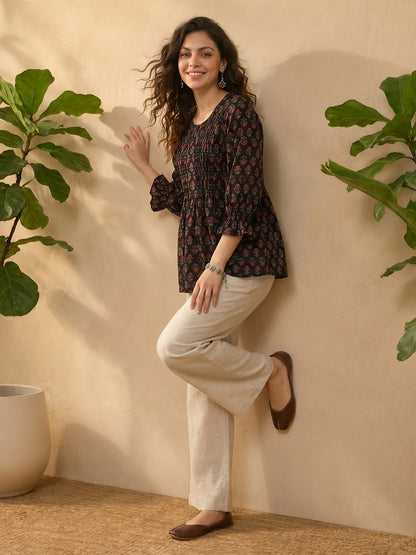Janasya Brown A-Line Cotton Top - Dista