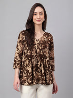 Thumbnail for Janasya Brown Peplum Cotton Top - Dista