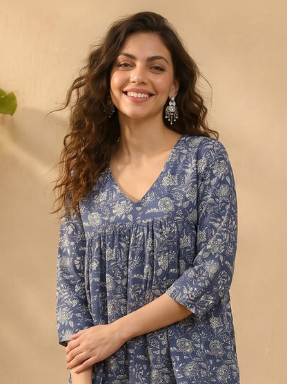 Janasya Blue Peplum Cotton Top - Dista