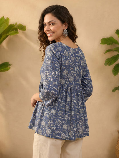 Janasya Blue Peplum Cotton Top - Dista