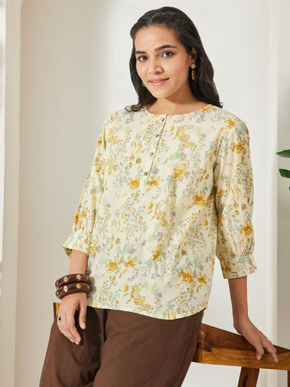 Janasya Light Yellow A-Line Cotton Top - Dista