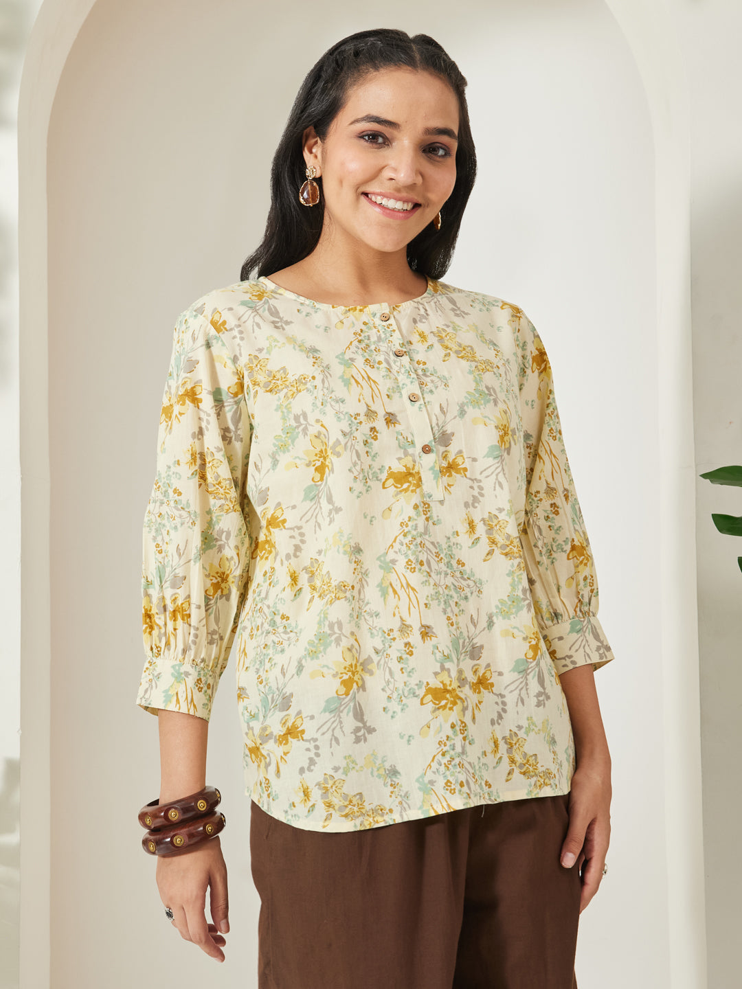 Janasya Light Yellow A-Line Cotton Top - Dista