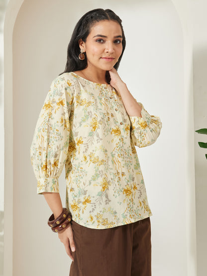 Janasya Light Yellow A-Line Cotton Top - Dista