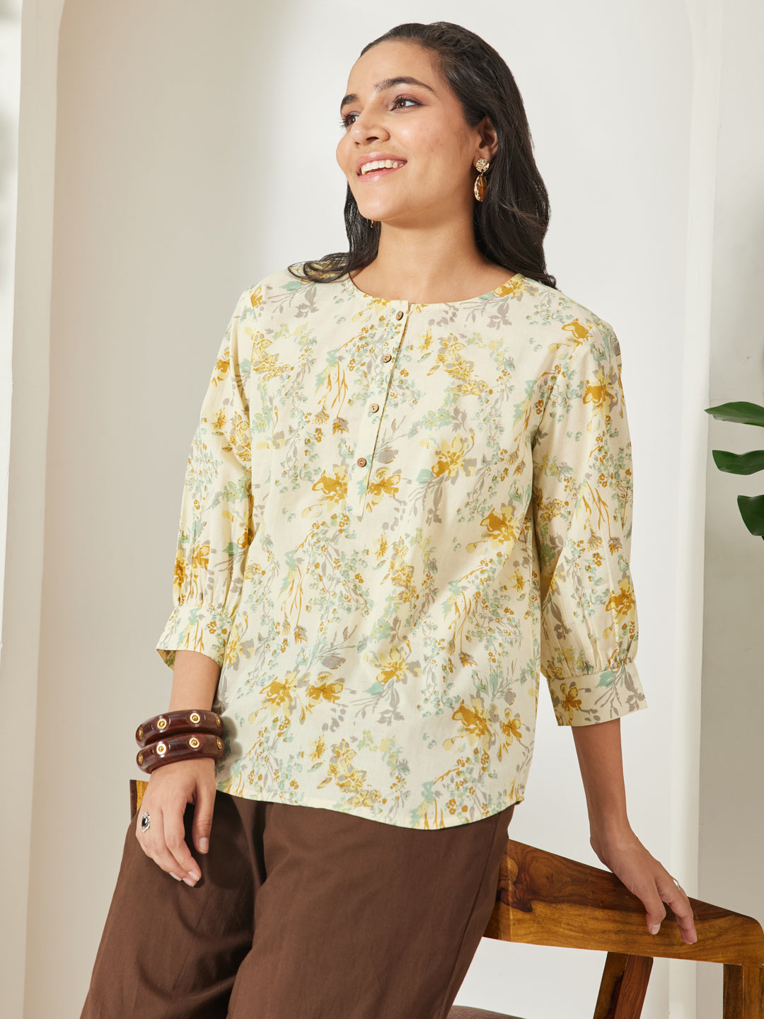 Janasya Light Yellow A-Line Cotton Top - Dista
