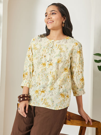 Janasya Light Yellow A-Line Cotton Top - Dista