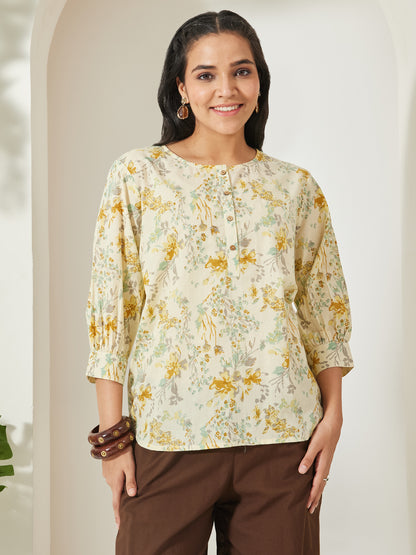 Janasya Light Yellow A-Line Cotton Top - Dista