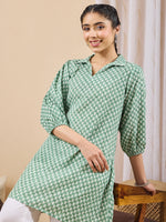 Thumbnail for Janasya Green A-Line Cotton Tunic - Dista