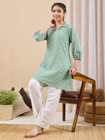 Thumbnail for Janasya Green A-Line Cotton Tunic - Dista