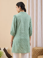 Thumbnail for Janasya Green A-Line Cotton Tunic - Dista