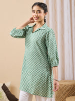 Thumbnail for Janasya Green A-Line Cotton Tunic - Dista