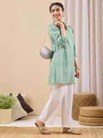 Thumbnail for Janasya Green A-Line Cotton Tunic - Dista