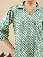 Thumbnail for Janasya Green A-Line Cotton Tunic - Dista