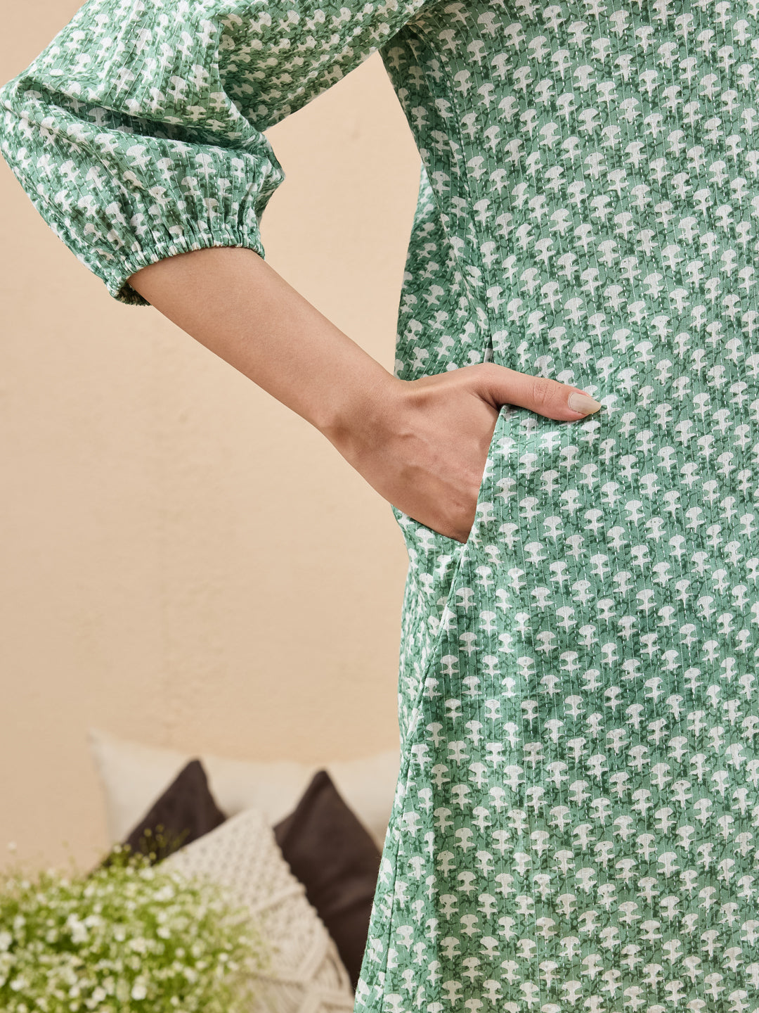 Janasya Green A-Line Cotton Tunic - Dista
