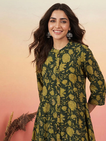 Janasya Dark Green A-Line Cotton Tunic - Dista