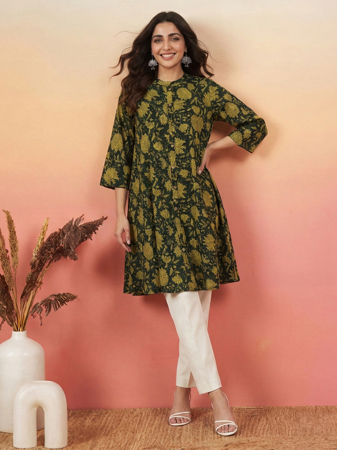 Janasya Dark Green A-Line Cotton Tunic - Dista
