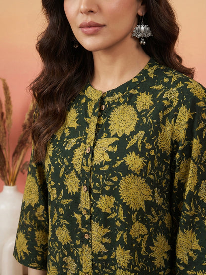 Janasya Dark Green A-Line Cotton Tunic - Dista