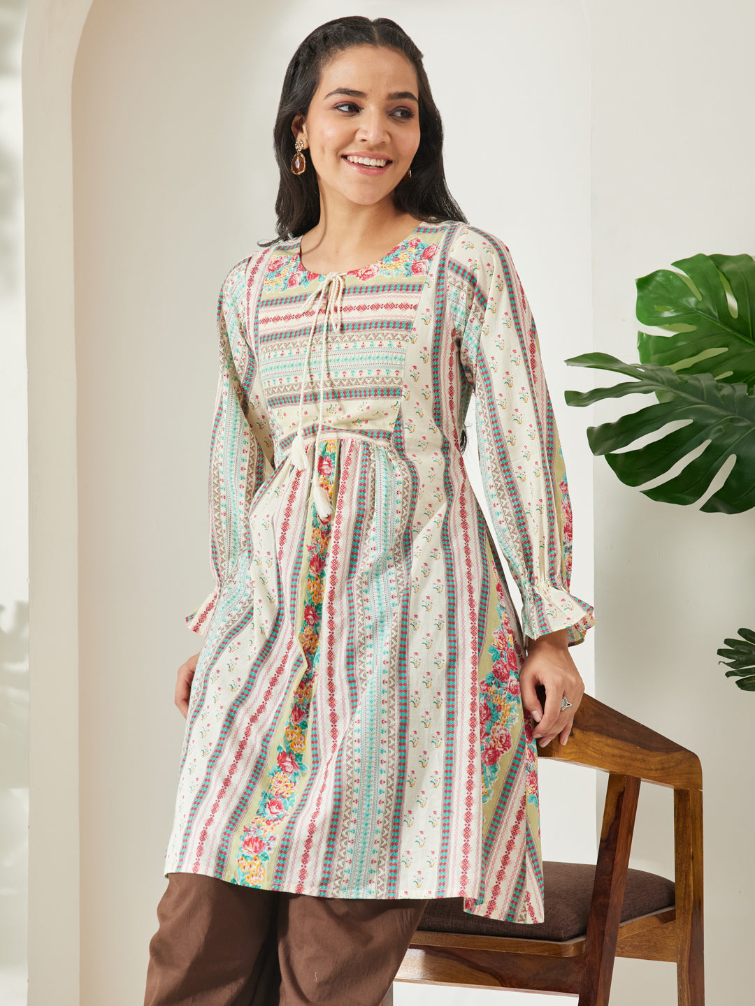 Janasya Cream A-Line Cotton Tunic - Dista
