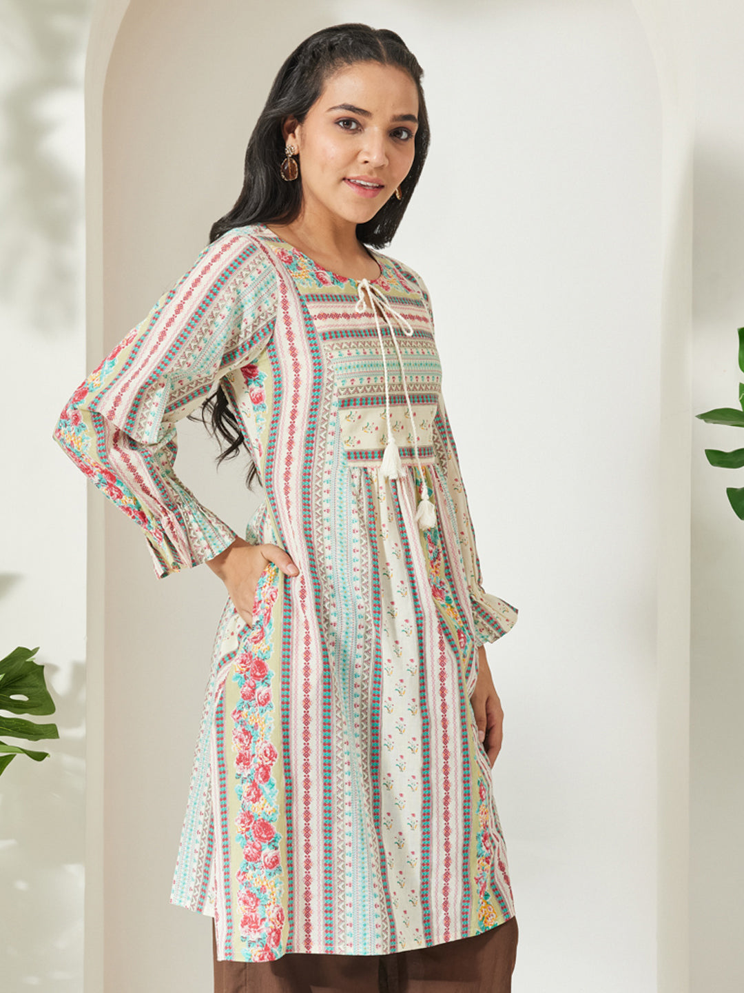 Janasya Cream A-Line Cotton Tunic - Dista