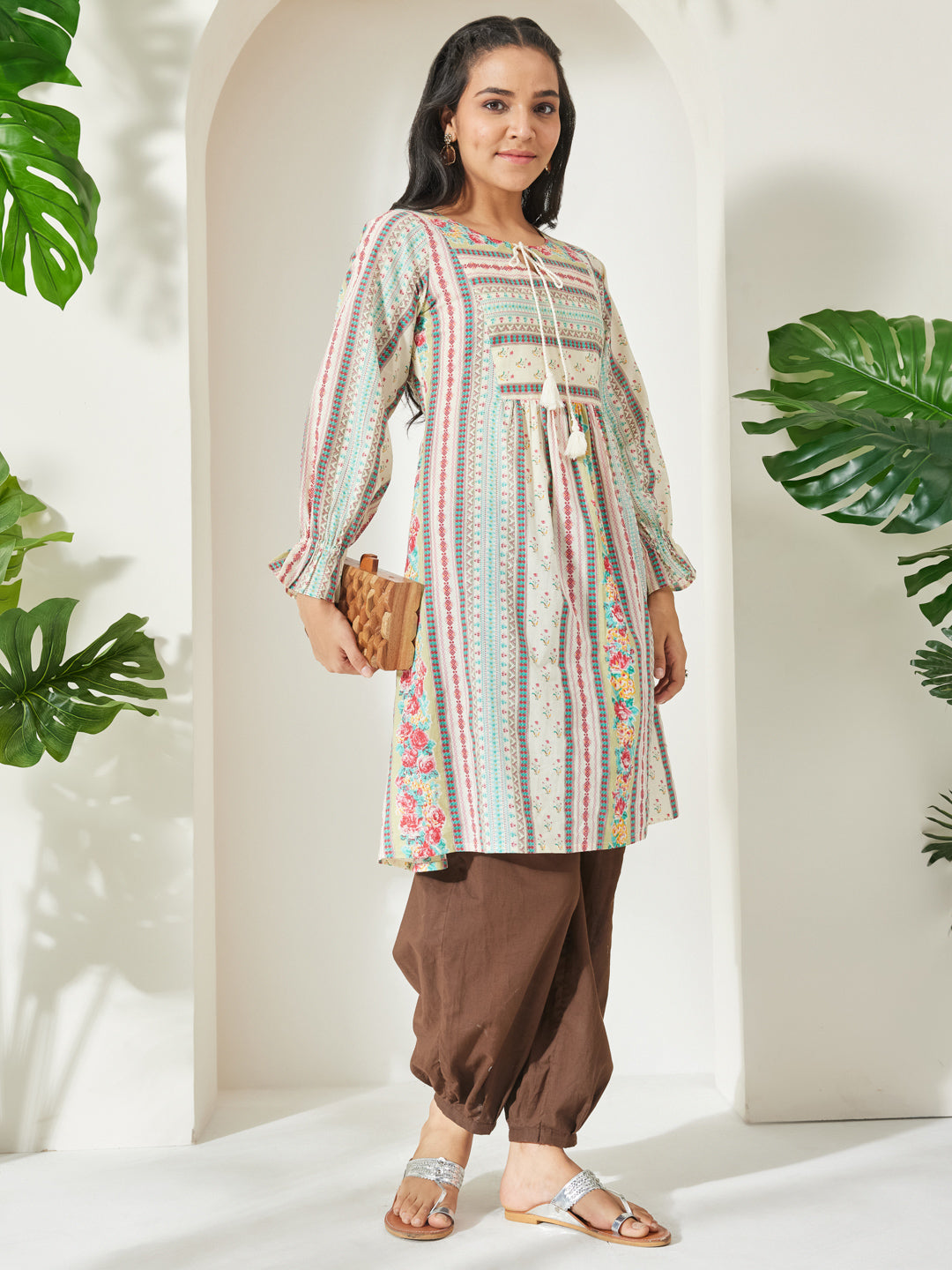 Janasya Cream A-Line Cotton Tunic - Dista