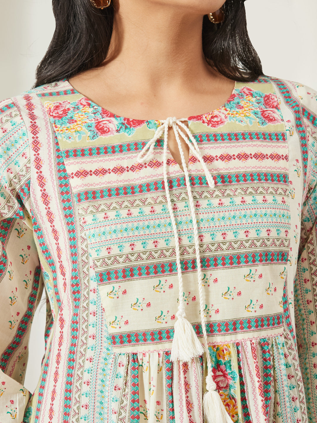 Janasya Cream A-Line Cotton Tunic - Dista