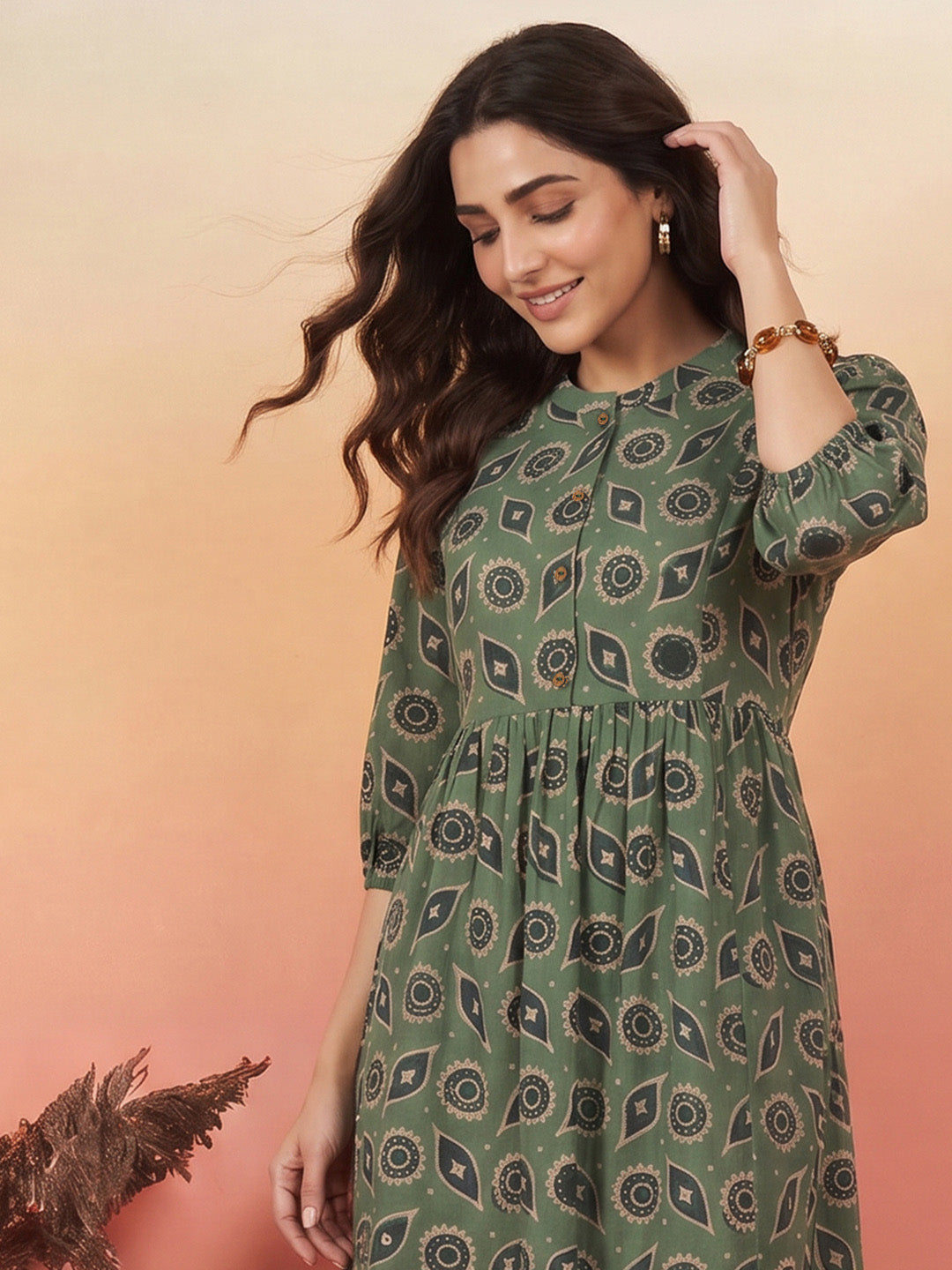 Janasya Green A-Line Cotton Tunic - Dista