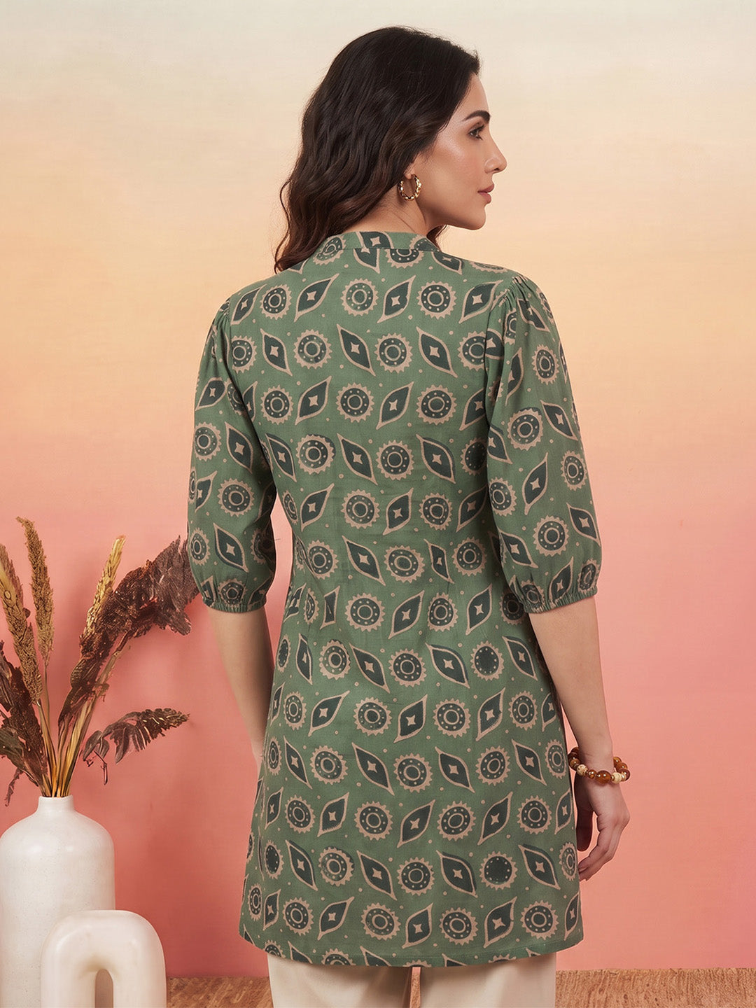Janasya Green A-Line Cotton Tunic - Dista