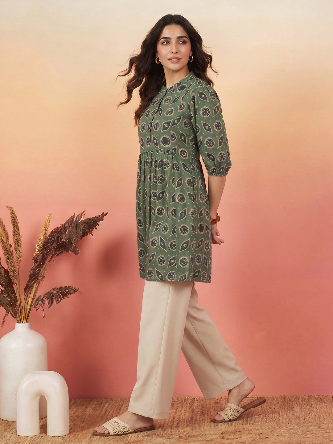 Janasya Green A-Line Cotton Tunic - Dista