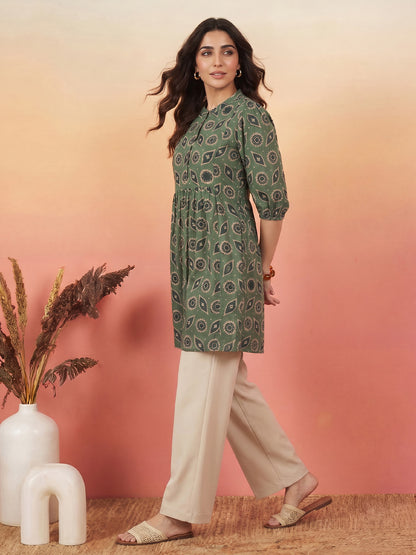 Janasya Green A-Line Cotton Tunic - Dista