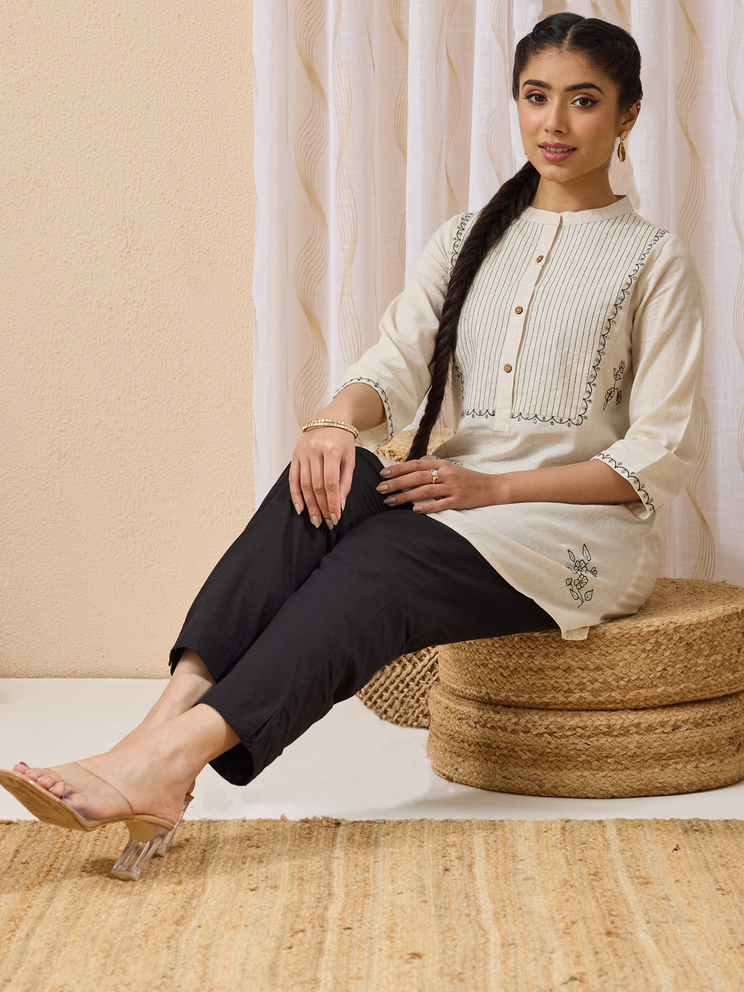 Janasya Cream A-Line Cotton Tunic - Dista