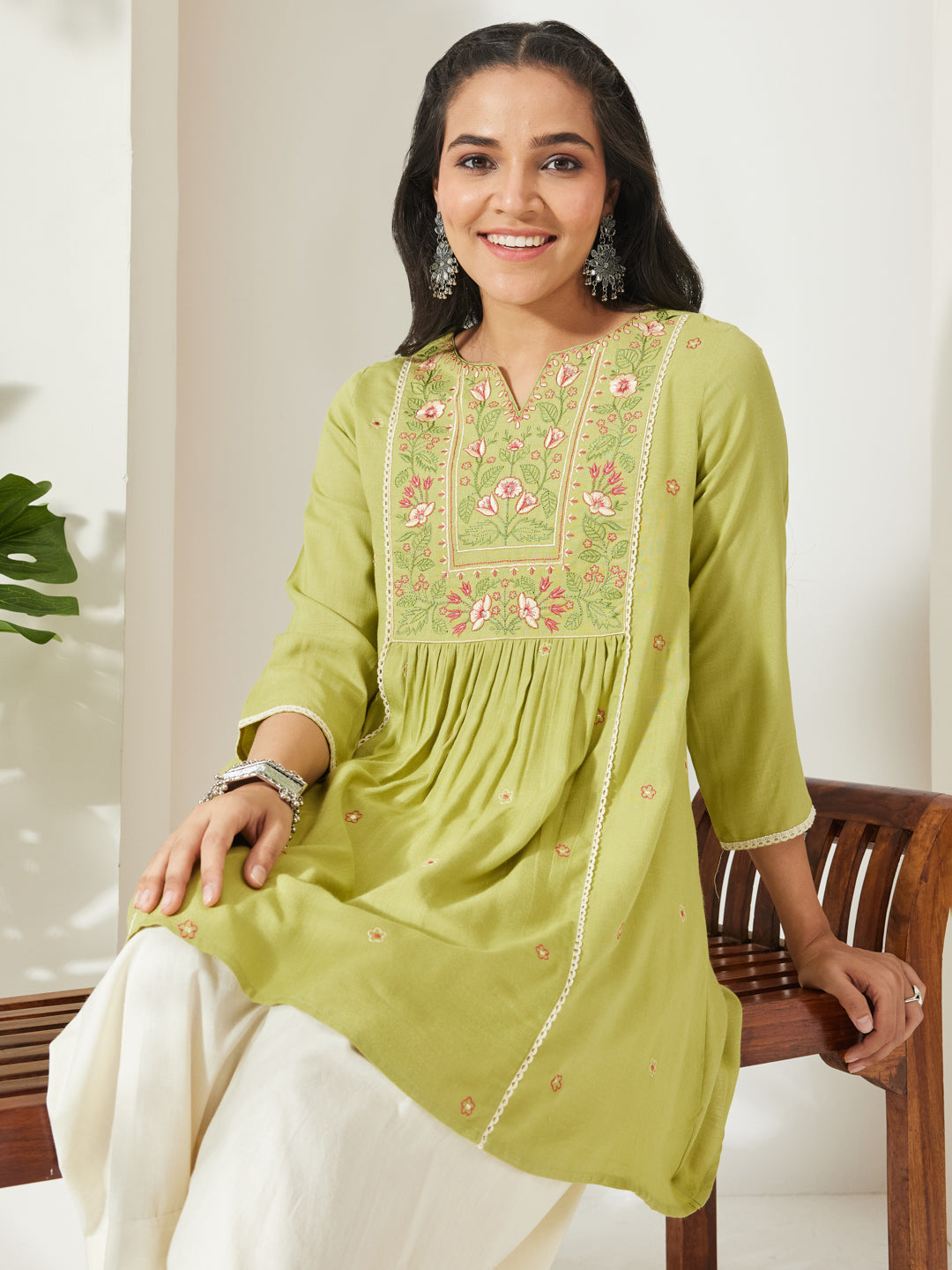 Janasya Lime Green A-Line Rayon Tunic - Dista