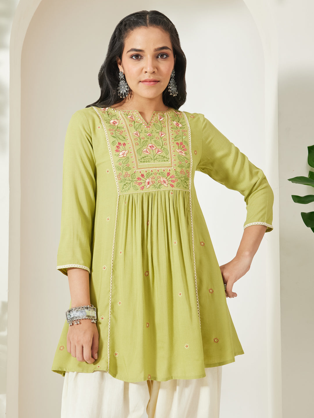 Janasya Lime Green A-Line Rayon Tunic - Dista